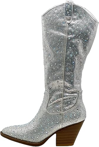 Bottines mi-mollet pour femme avec strass et talon bloc, Genou argenté, 38 EU
