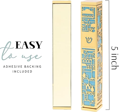 Miniatura 5 de SURI Mezuzá contemporánea para puerta, funda de mezuzá dorada y turquesa de 5 pulgadas con diseño de Jerusalén, incluye adhesivo de mezuzá para una