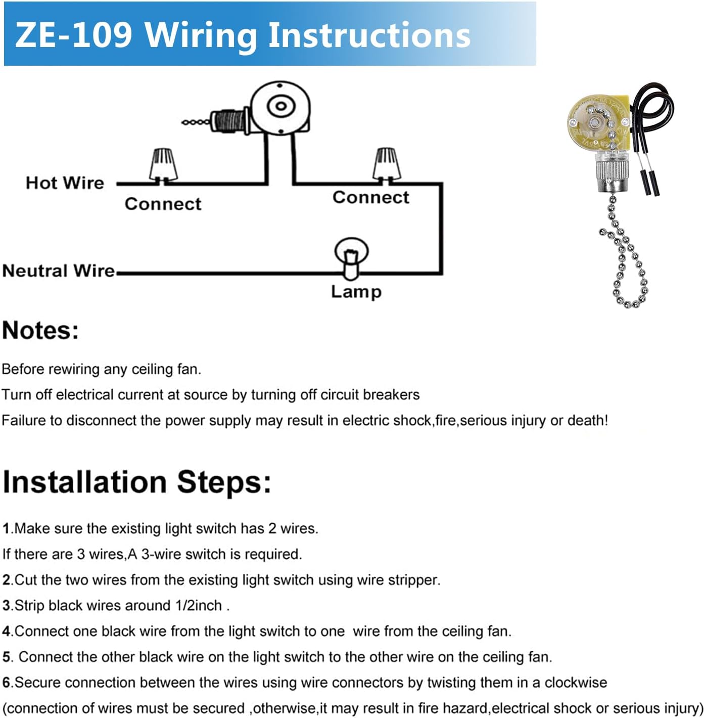 Zing Ear ZE-109 Ceiling Fan Light Replacement Switch, 3 Pack ON-Off Speed Control Pull Chain Switch Compatible with Hunter Ceiling Fans Light, Lamps and Wall Lights (Nickel Pull Chain)