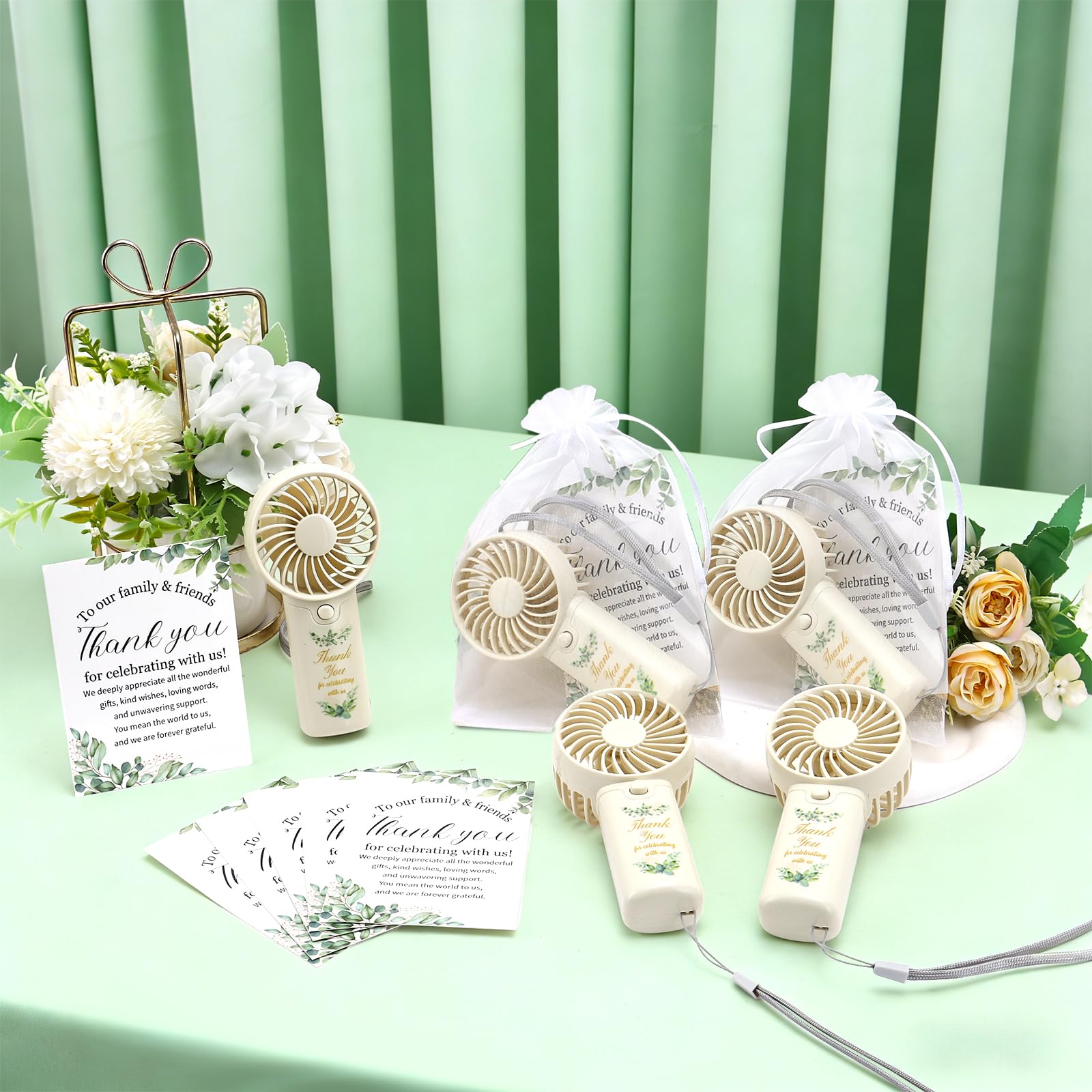 36 mini ventagli portatili per matrimoni, feste premaman, alimentati a batteria, con etichette di ringraziamento, sacchetti regalo, bomboniere estive (batteria non inclusa) (36, verde foglia