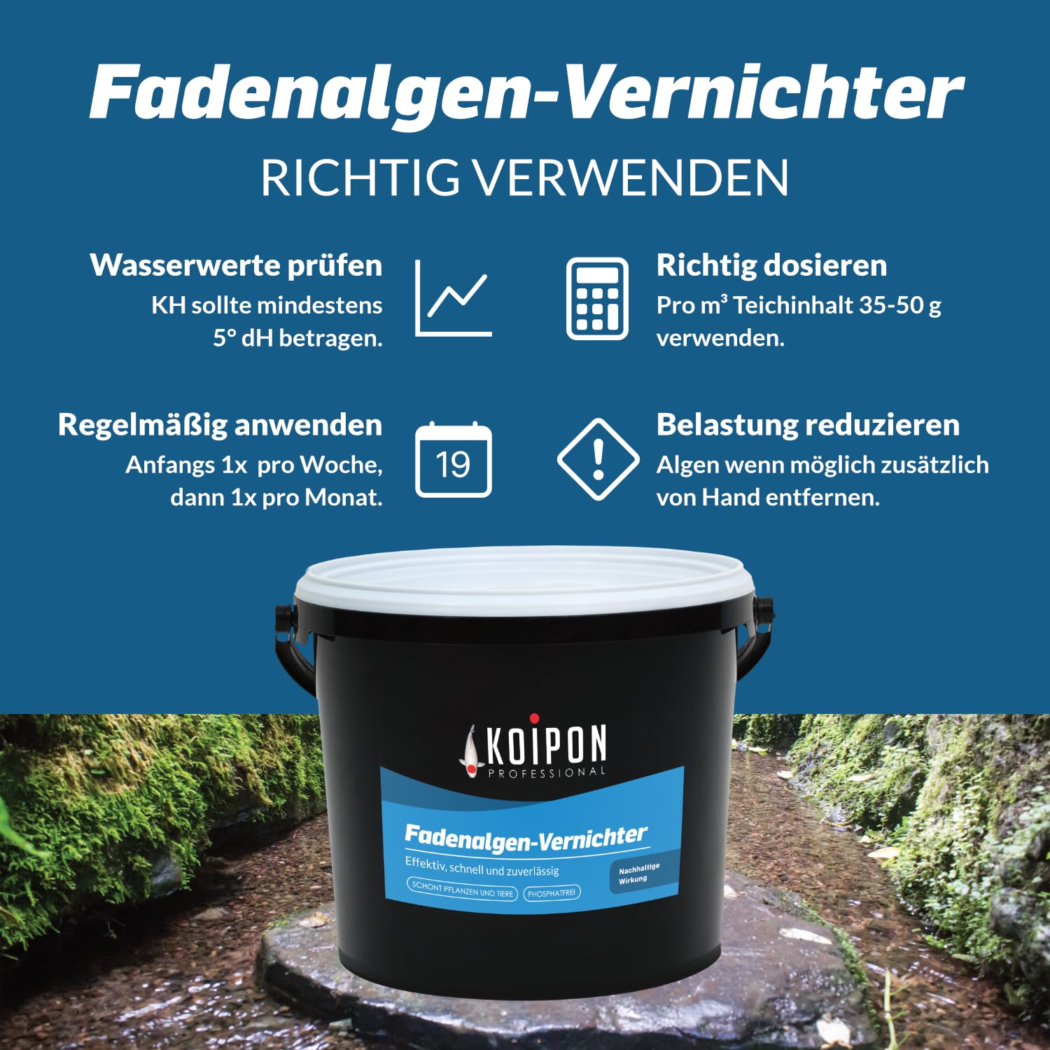 KOIPON Fadenalgen-Vernichter 1 kg, Phosphatfreie Algenbekämpfung, Fadenalgenvernichter gegen Algenwachstum und Fadenalgen im Gartenteich