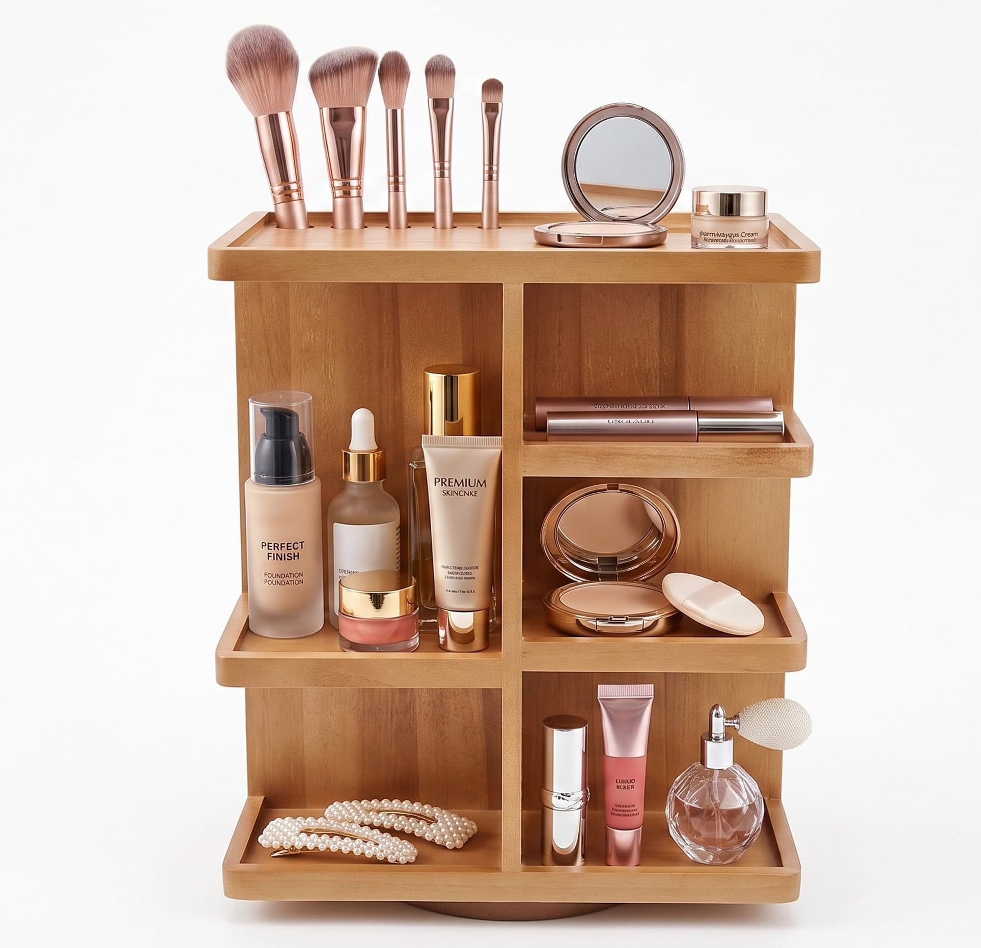 Drehbarer Kosmetik-Organizer, Multifunktions-Aufbewahrung, 360 Grad Karussell für Make-up, Toilettenartikel, Waschtisch, Schreibtisch, Schrank, massives Naturholz mit Akazienbraun