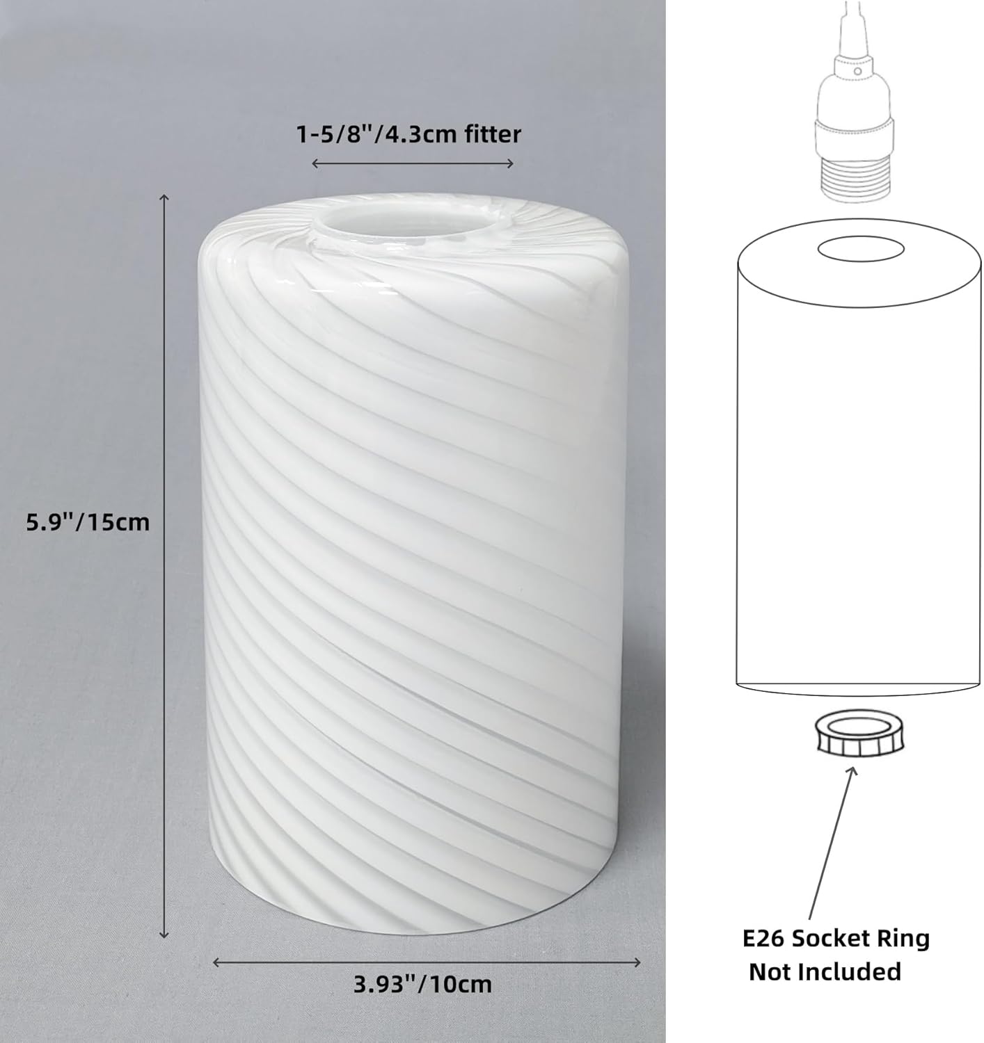 4 Pack Glass Lampshades Replacement for Vanity Light, Striped White Cylinder Globe Lamp Shade Cover for Lighting Fixtures, Bath Vanity Lights Wall Sconces Pendant Light, 1-5/8 Inch Fitter