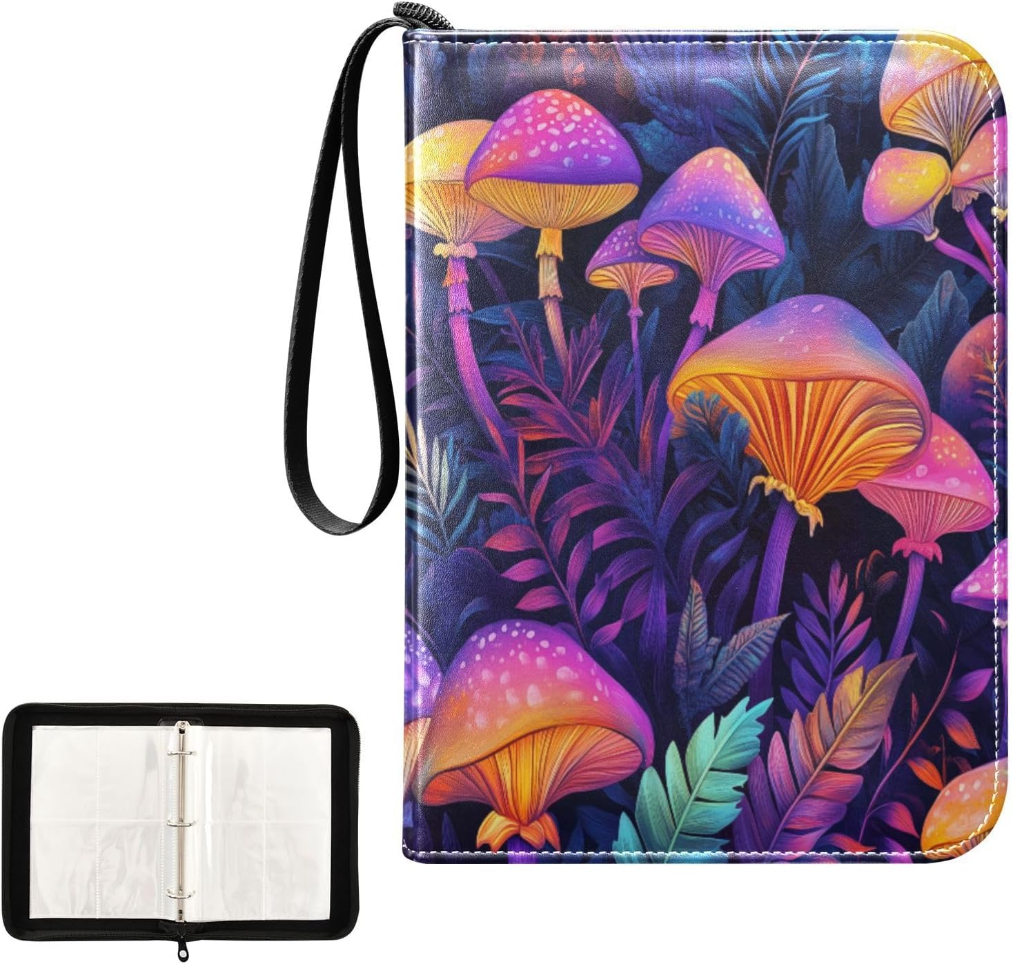 Colorful Mushrooms Cards Binder 4 Pocket Fits 400 Cards with 50 Removable Sleevesves, Trading Card Collector Zipper Album Holder Portable Card Games Display Storage Cases