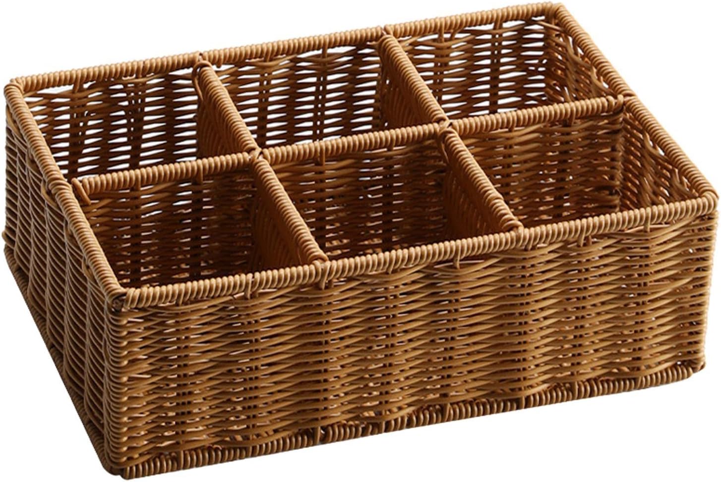 Hand Woven Compartment Basket, Simulation Rattan Container Box, Makeup, Toilet Organization with 6 Grid for Countertop Storage and Home Decor