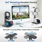 Height Adjustable Dual Headphone Stand, 360° Rotatable Gaming Headset Holder with Controller & Phone Stand, All-in-One Desk Organizer for P5/Xbox/Switch Controllers/iPad, Desktop Game Accessories