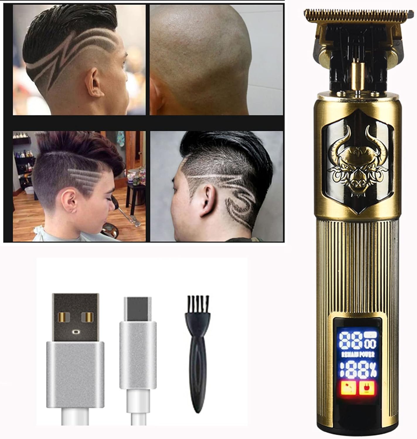 HIENA Professional Hair Clippers in gold and black, with various haircut styles shown in a collage.