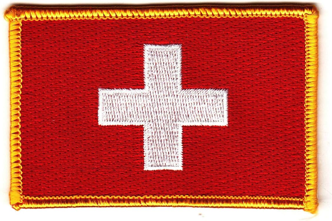 SWITZERLAND FLAG w/GOLD BORDER, Swiss Cross/Iron On Embroidered Patch,Swiss Flag