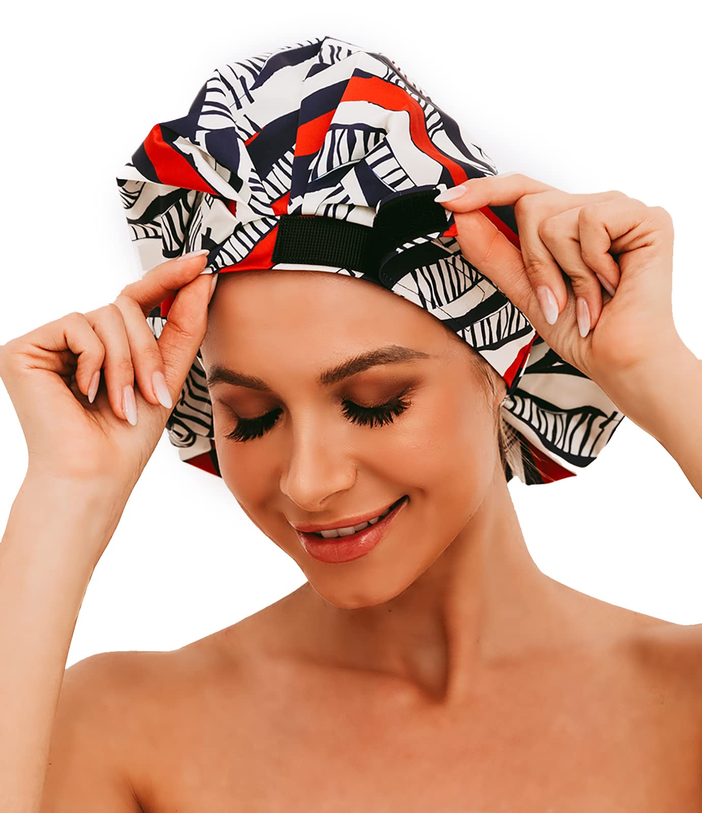 HIUMI Womens Shower Cap for Long Hair Luxury Shower Cap For Dreadlocks, Braids, Curls, Locs, Curly Hair（Stripe）