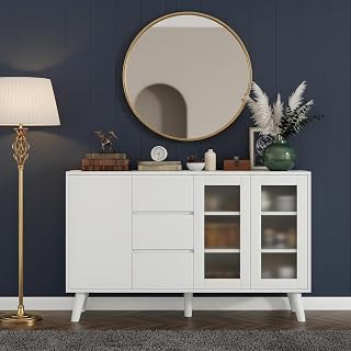 Farini 55.1" Buffet Cabinet with 3 Drawers and 2 Pop-Up Doors,Kitchen Sideboard for Dining Room, Hallway & Living Room, Coffee Bar Storage Console Table,White