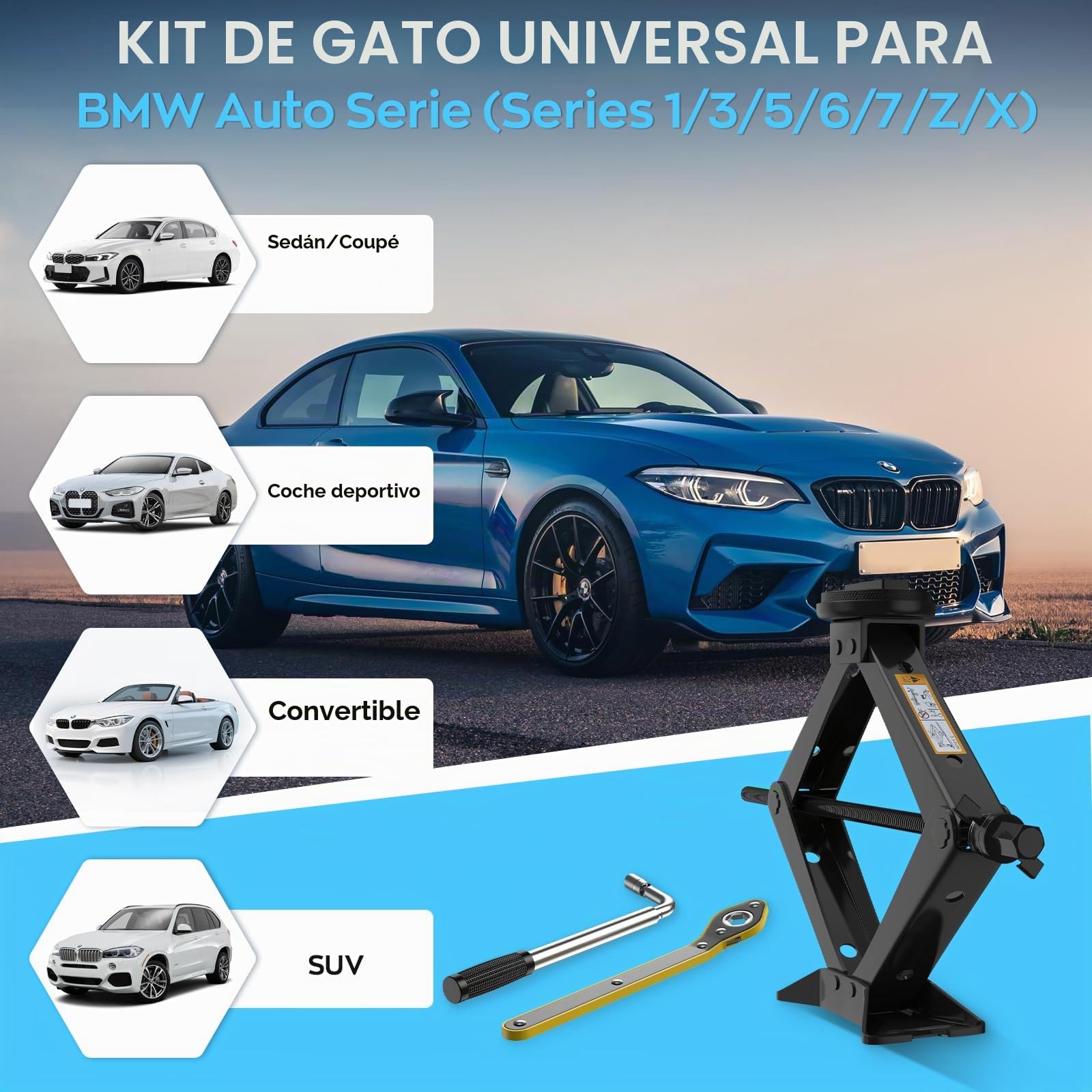 IMAYCC Gato para Coche Universal 2.5T/2500kg, Kit de Gato Coche para Serie BMW con 2 Pcs Bloque De Goma BMW, Portátil Kit de Emergencia con Llave de Tuercas de Rueda BMW Serie 1/3/5/6/7/Z/X SUV