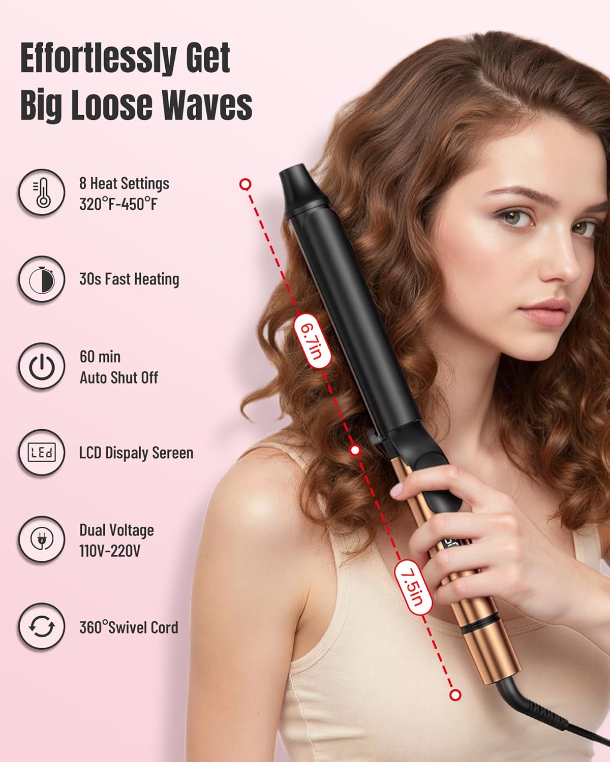 Mescomb 1.25 inch Long Barrel Curling Iron 1 1/4 inch with 8 Heat Settings, 10-Minute Curls, Ceramic Curling Iron, 30s Fast-Heating, Beach Waver/Volumized/, 110-240V for Travel, 60 Mins Auto Off - Image 8