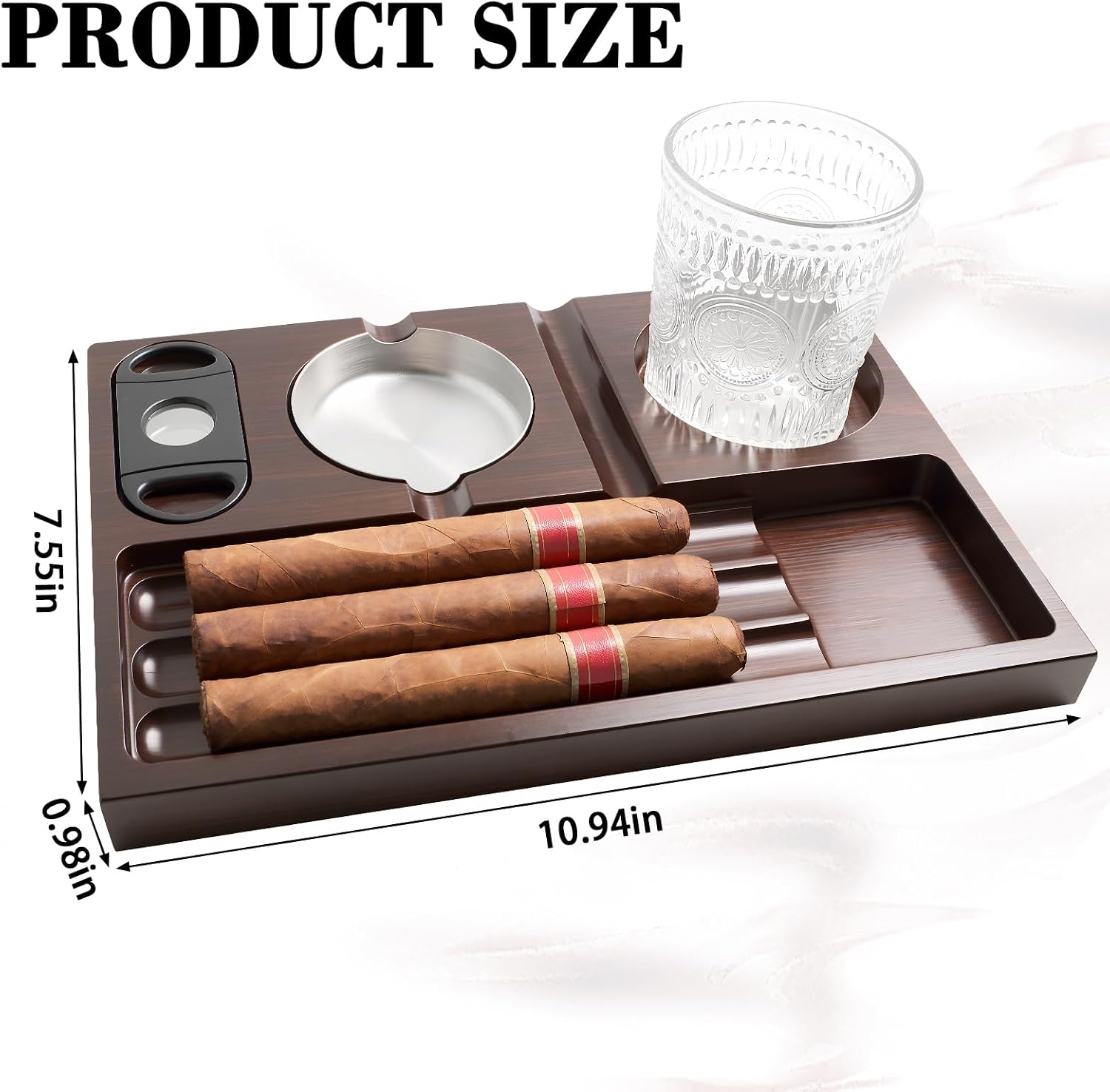 Cigar Ashtray with Cigar Cutter, Solid Wood Cigar Tray Holds 3 Cigars, Wooden Cigar Holder with Stainless Steel Ashtray, Whiskey Glass Holder & Lighter Storage, Cigar Accessories Gift for Men