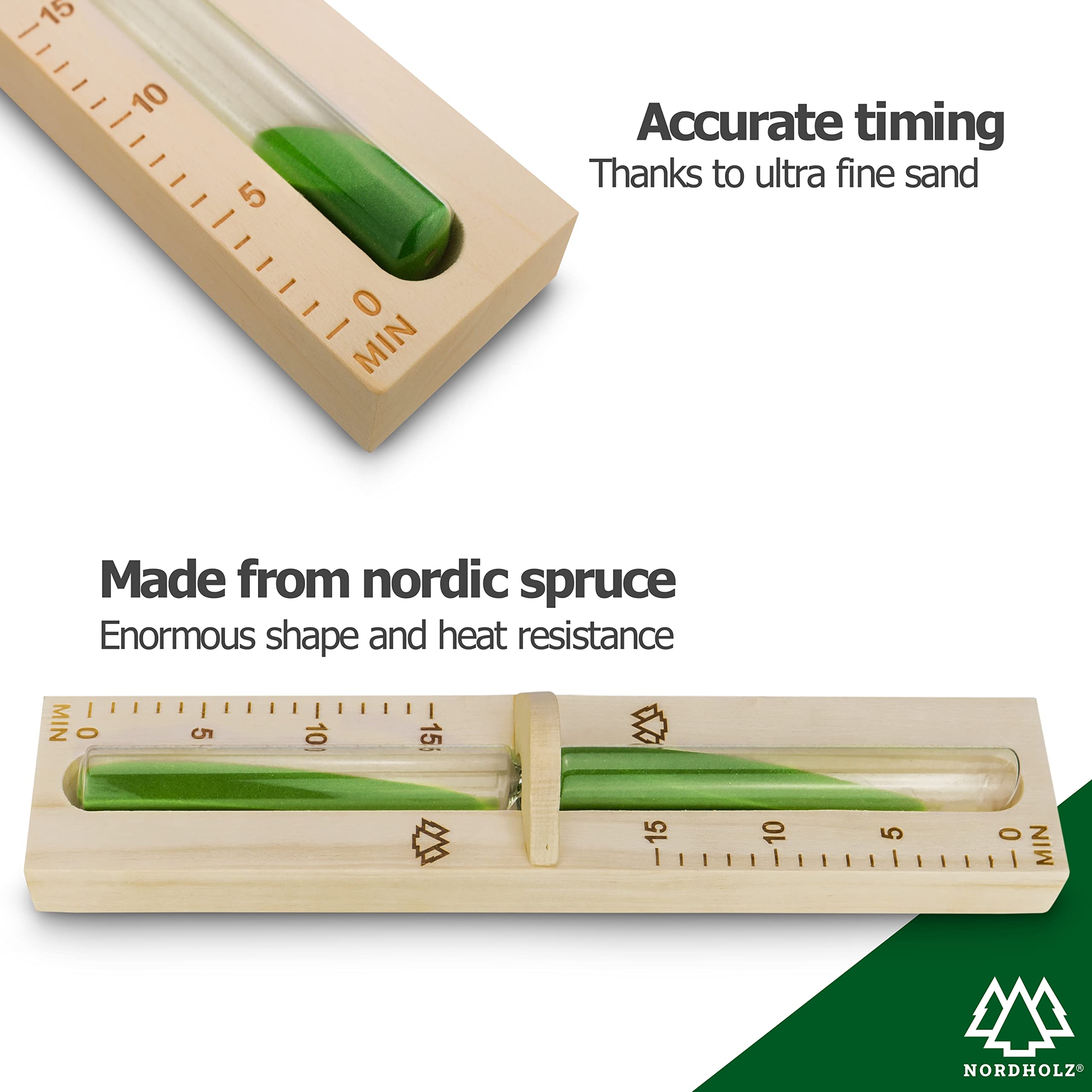 Sablier de sauna de 15 minutes en épicéa 100% nordique avec verre robuste résistant à la chaleur et couleur contrastante vert foncé + 2 vis en acier inoxydable - Accessoires sauna haute qualité