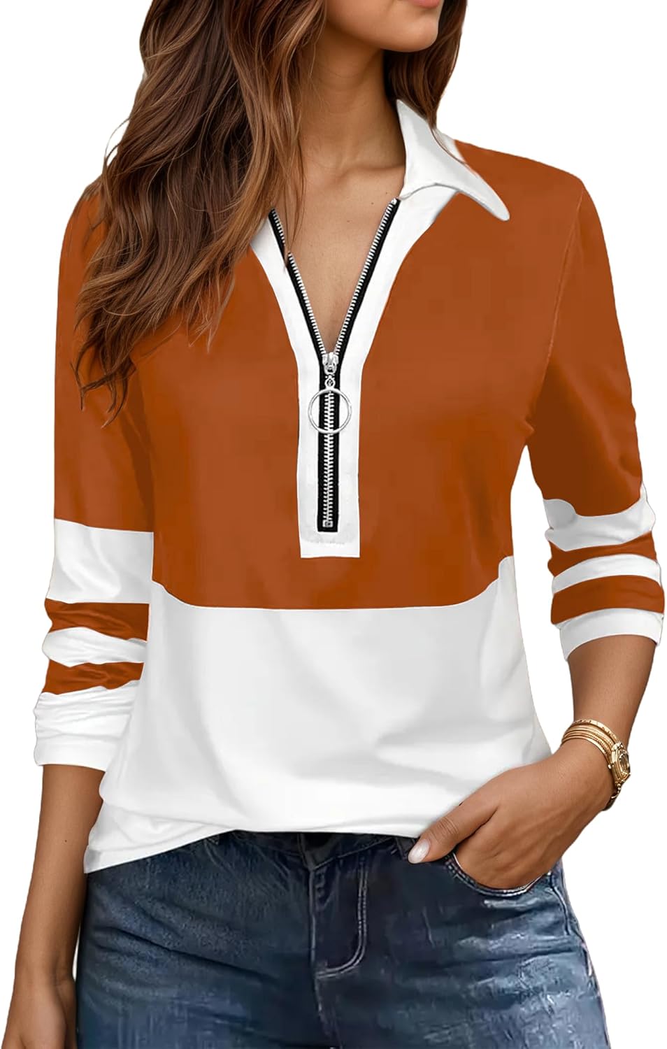 Women's Half Zipper Long Sleeve Shirt Stripes Color Block Lapel T-Shirts Casual Loose Solid Tunic Tops