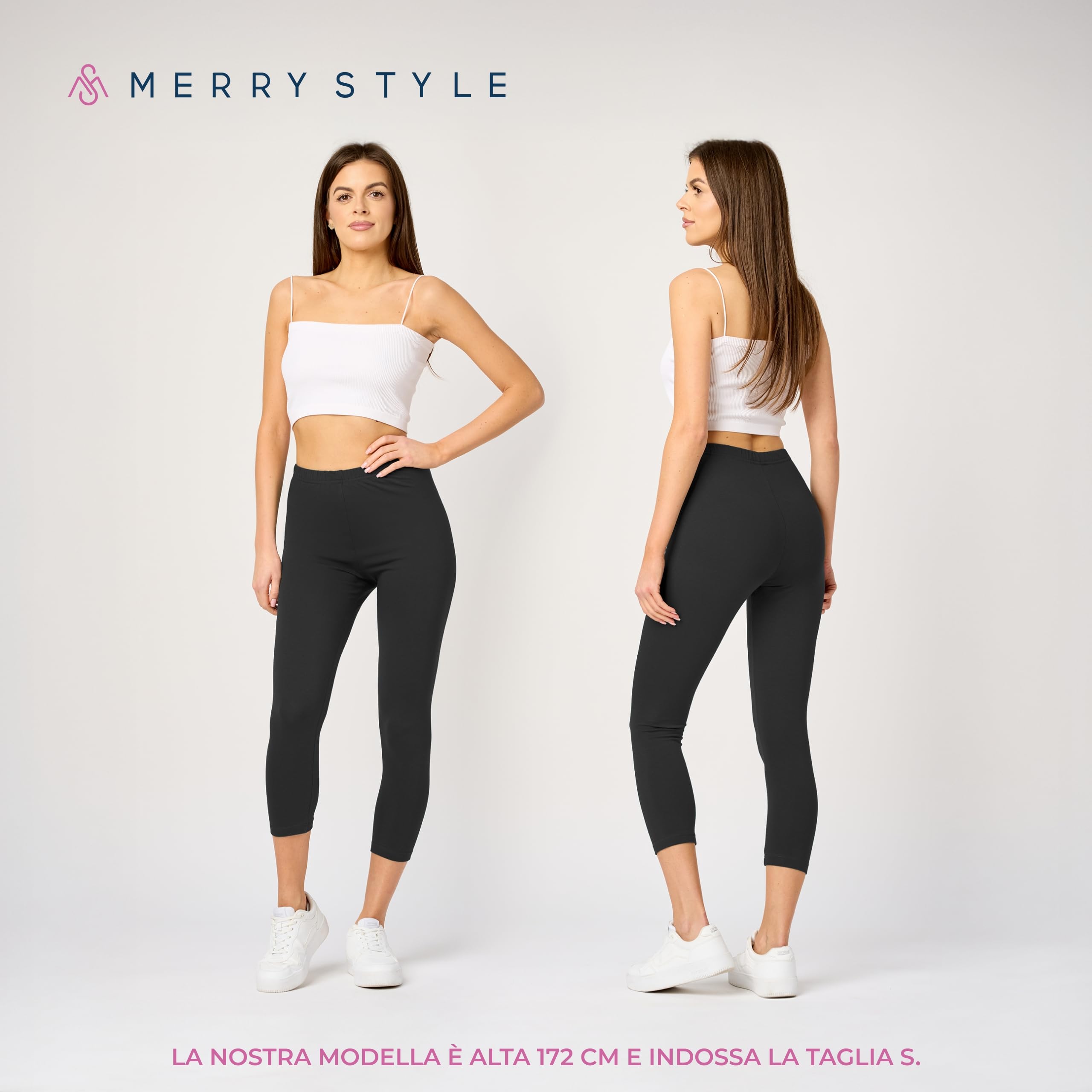 Merry Style Leggings Donna 3/4 Pantaloni Capri Morbidi e Confortevoli Leggins Donna in Cotone Traspirante Elastici e Delicati sulla Pelle Sensibile MS10-199