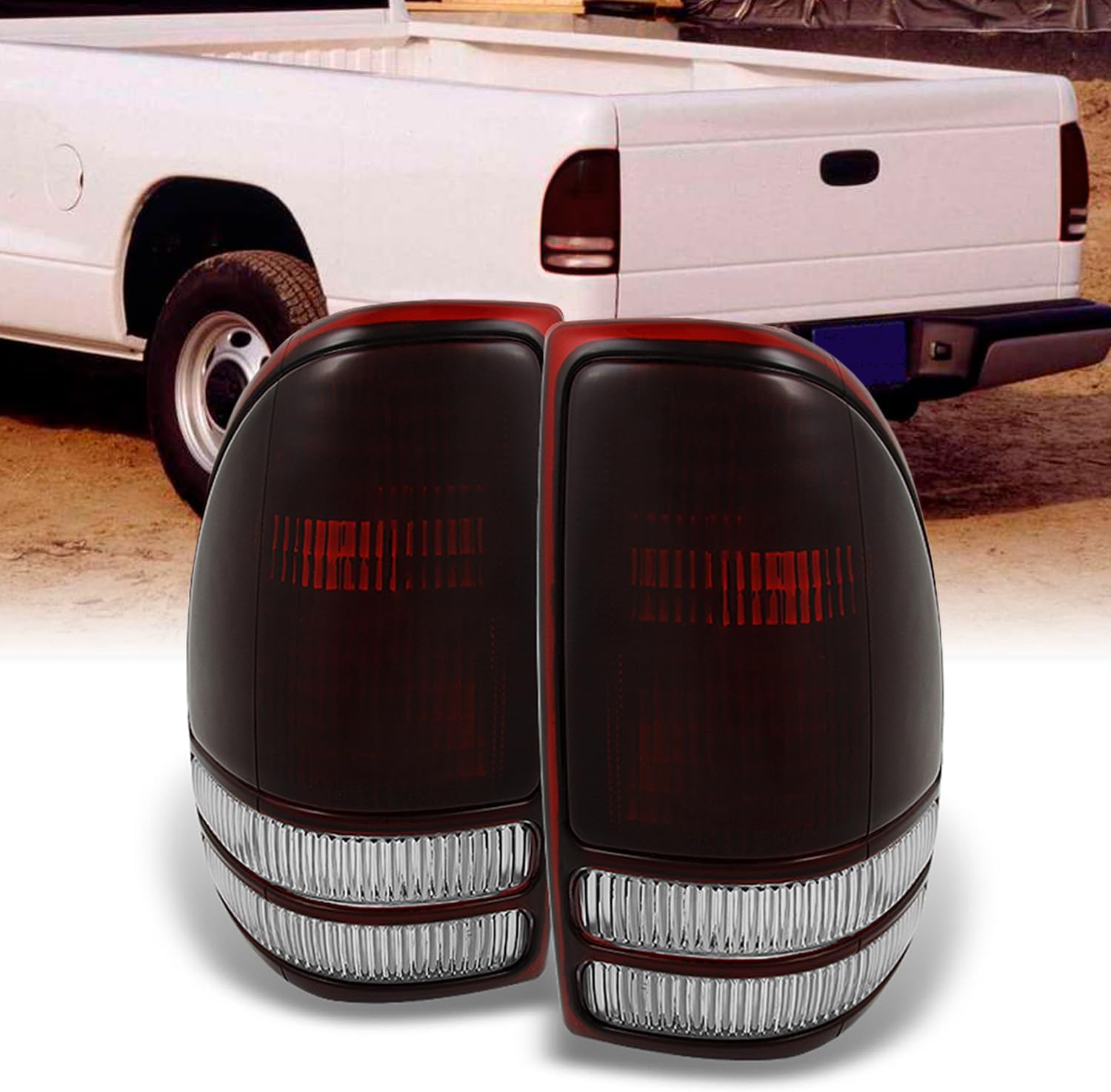 AKKON - For Dodge Dakota Pickup Truck Red Smoke Lens Rear Tail Light Brake Lamp Replacement Left + Right Pair
