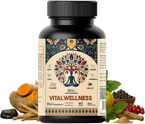 Vital Adaptogen Capsules – 820mg Shilajit, Ashwagandha, Turmeric, Ginger & Tulsi – Plant-Based Adaptogenic Support – 60 Vegan Capsules
