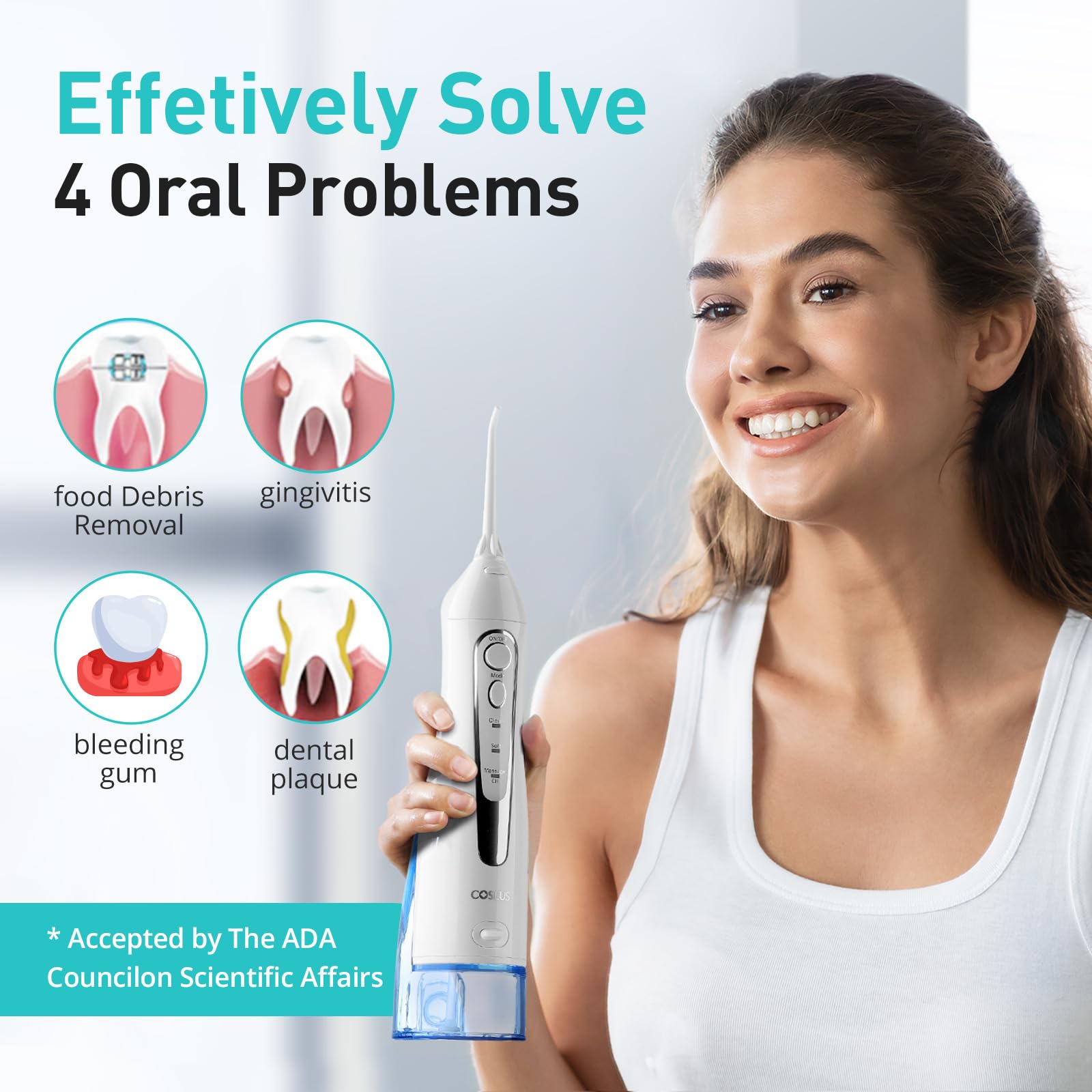 COSLUS ADA Accepted Water Dental Flosser Teeth Pick C20: Irrigatore orale portatile senza fili 300ML Ricaricabile da viaggio Pulitore per irrigazione IPX7 Impermeabile Elettrico Flossing Machine per