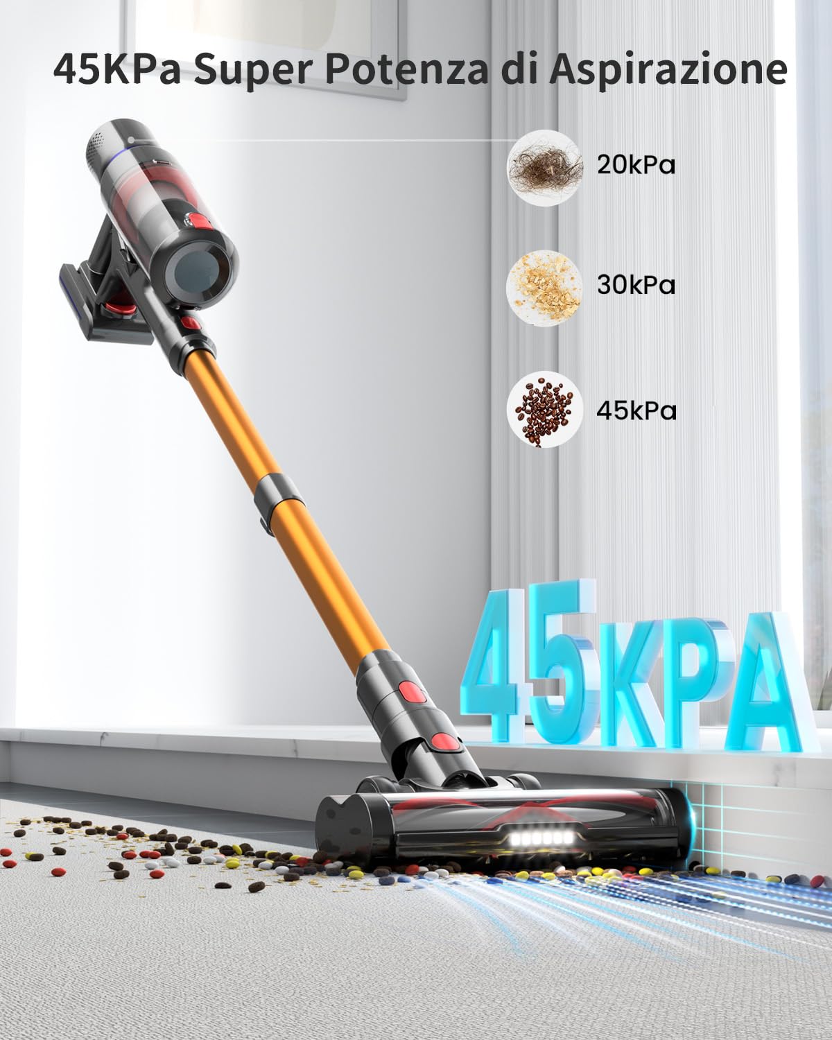 550W&45Kpa&60Mins Aspirapolvere Senza Fili Scopa Elettrica Senza Fili Potente con Touchscreen Intelligente e Anti-Avvolgimento 8 Stadi Filtrati/ 9 in 1 1,5L Aspirapolvere per Pavimenti/Tappeti/animal
