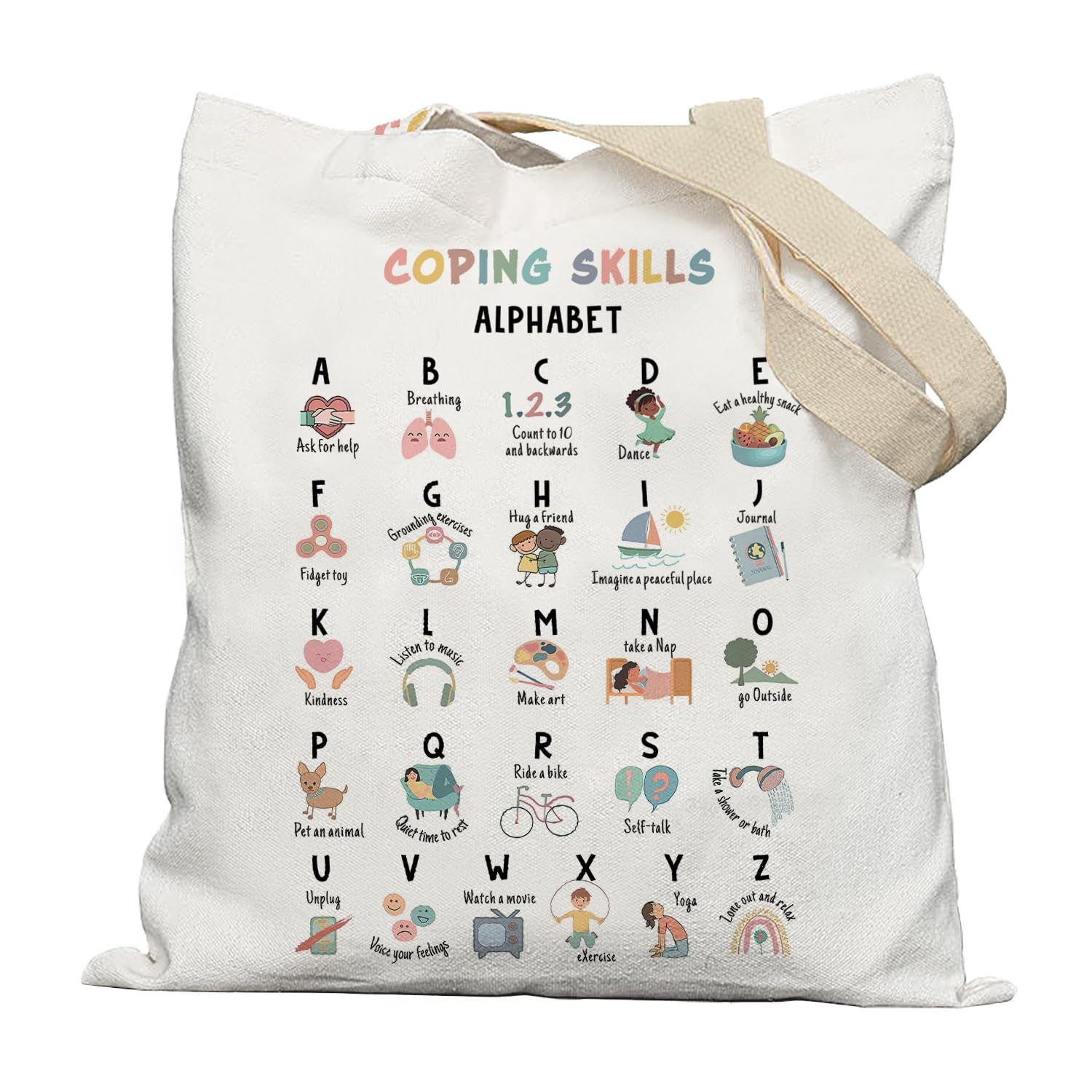 Lacosu Mental Health Matters Tote Bag, Coping Skill Alphabet Canvas Tote Bags for Women, Gifts for Mental Health Therapist Counselors, Reusable