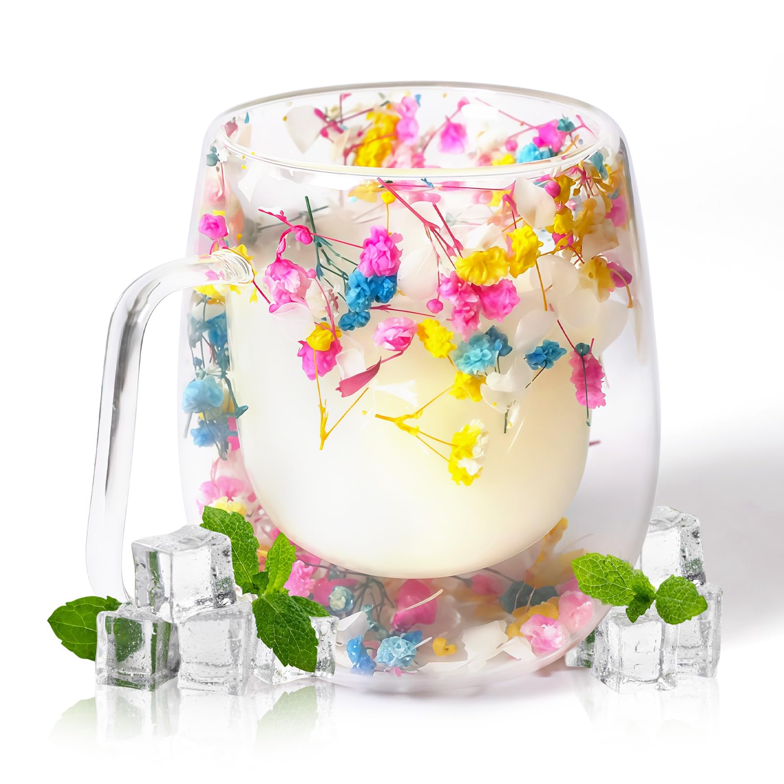 RUIOMII 370ml Doppelter Glastasse mit Blumen, Kaffeetassen Glas mit Henkel, Isolierte Kaffeetasse Geburtstag Geschenke für Mutter Freundin Lehrer
