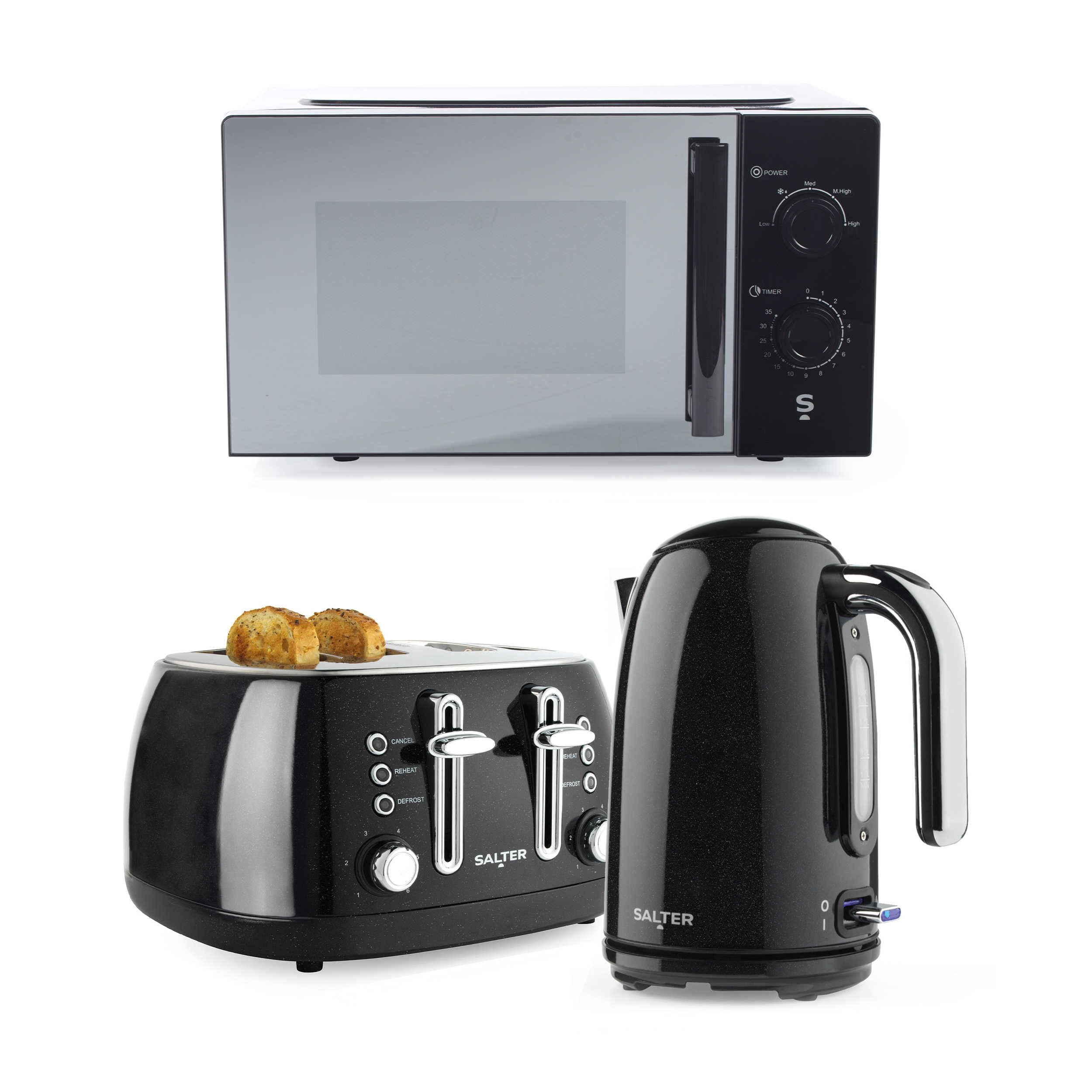 Salter Manual Mirrored Microwave, Boston Toaster & Kettle Set, Black