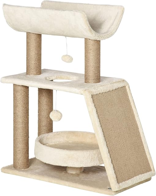 PawHut Cat Tree for Indoor Cats with Scratching Posts Pad, Kitten Tower with Bed Perch Ball Toy, 60 x 30 x 76 cm, Light Brown