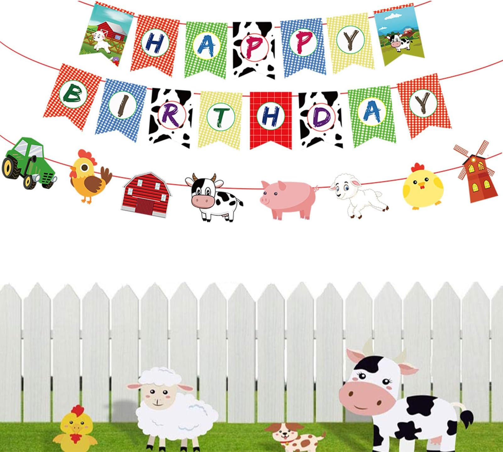 Happy Birthday Banner, 2 Pcs Farm Animal Happy Birthday Sign, Reusable Birthday Party Decorations Supplies for Indoor and Outdoor, Happy Birthday Banner and Bunting for Kids Boys Girls Women Men