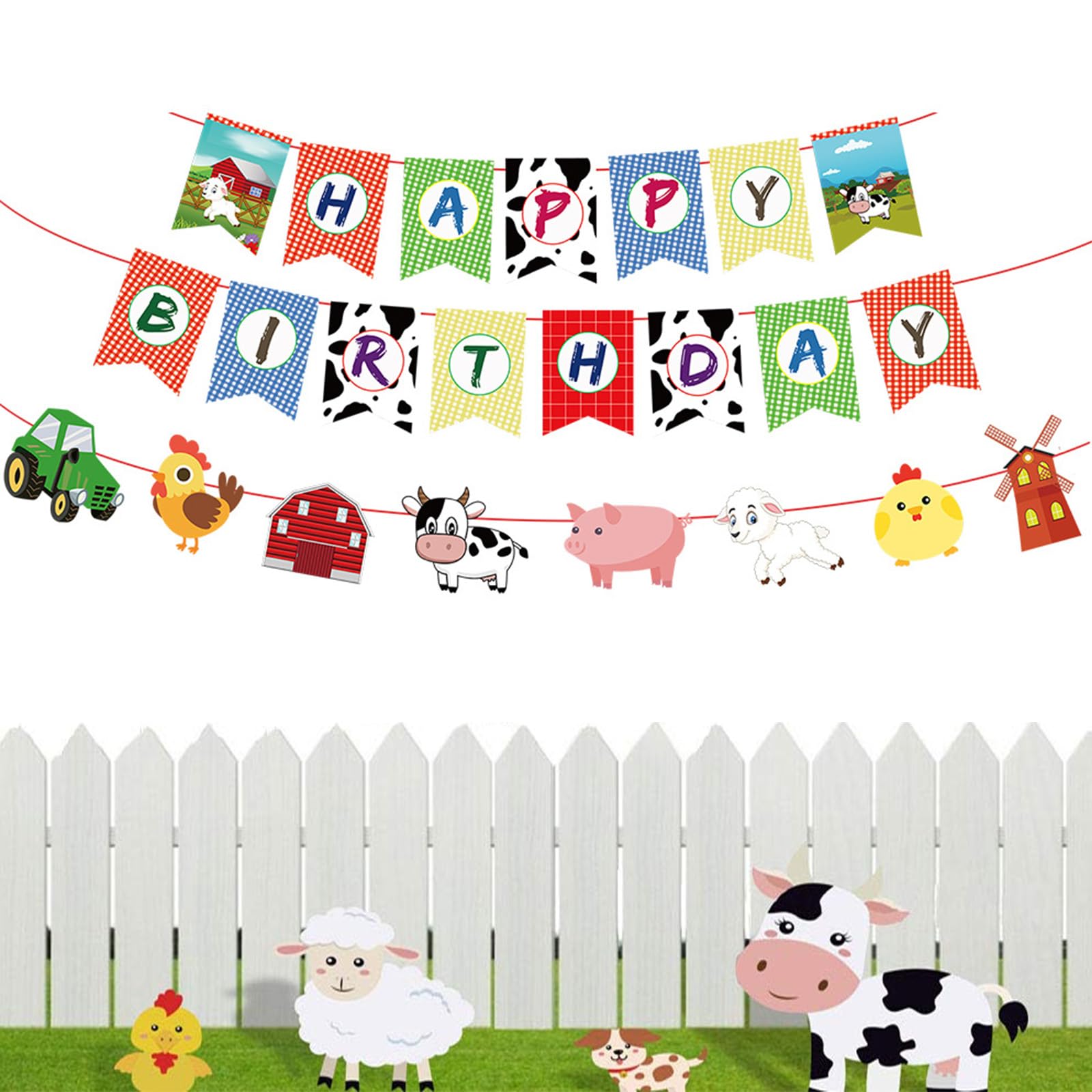 Happy Birthday Banner, 2 Pcs Farm Animal Happy Birthday Sign, Reusable Birthday Party Decorations Supplies for Indoor and Outdoor, Happy Birthday Banner and Bunting for Kids Boys Girls Women Men