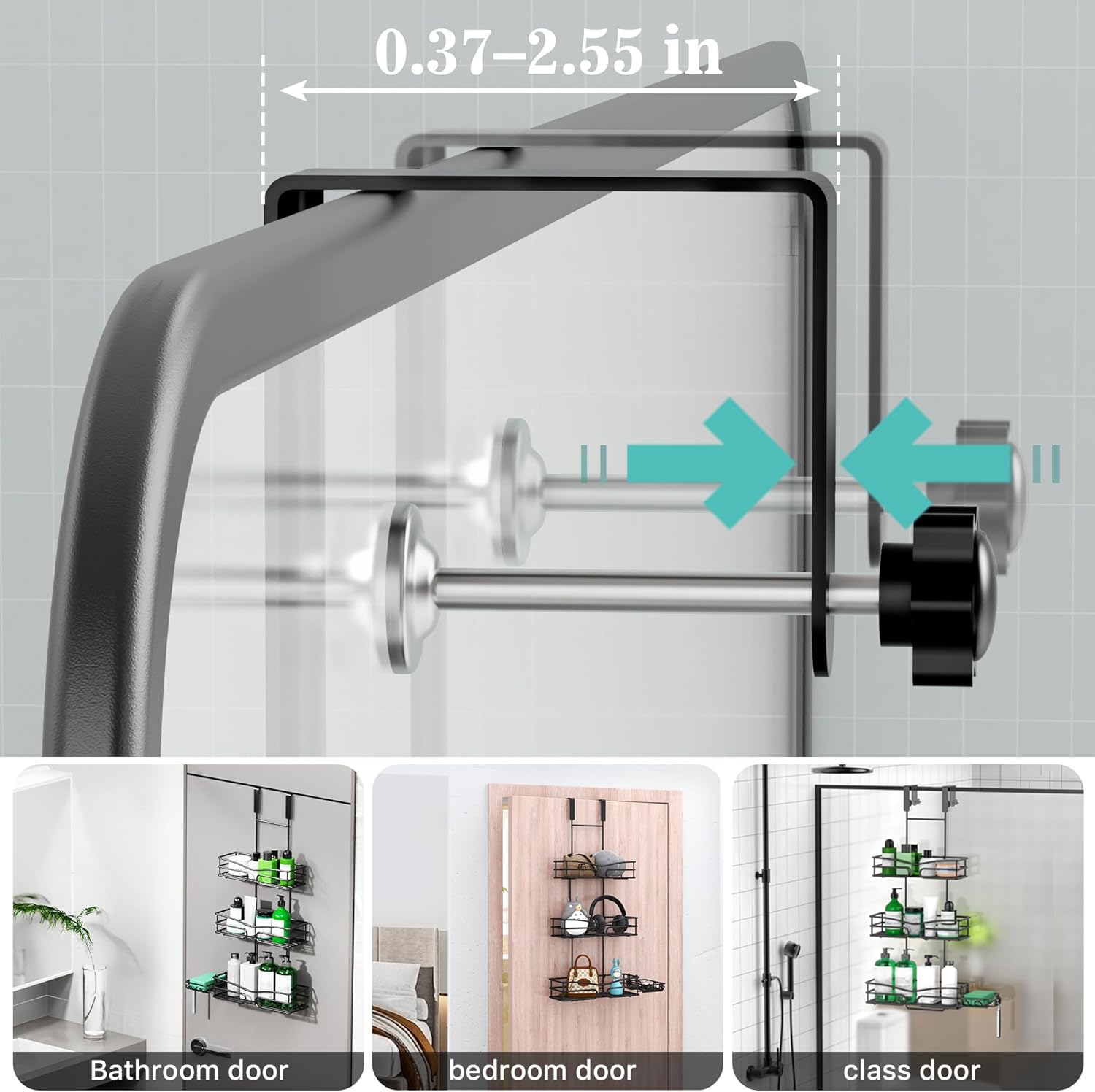 Over the Door Shower Caddy Hanging, 3 Tier Adjustable Shower Organizer with Soap Holder, Rustproof Bathroom Shelves Hanging on the Bathroom Glass Door, Matte Black Black Style 4