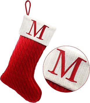 ZOEA 20 Inches Christmas Stockings with Initials, Large Embroidered Letter Knit Christmas Stocking for Family Holiday Decorations and Xmas Gift M, Red