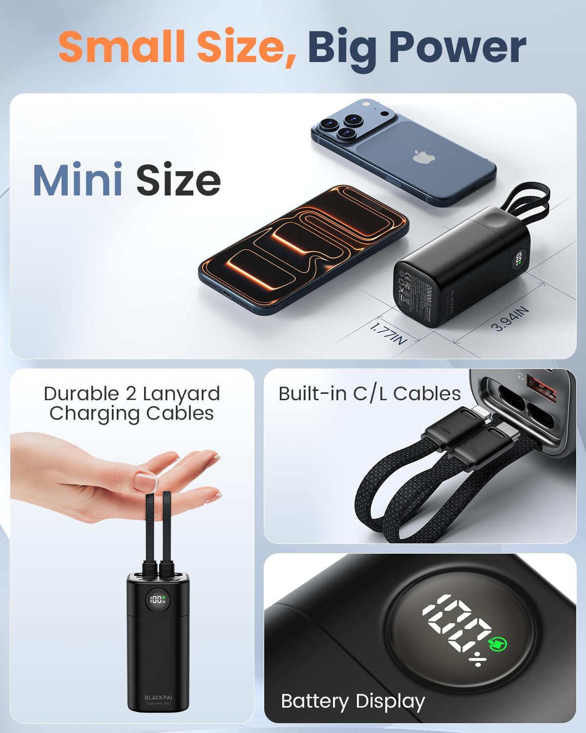 Portable Charger 20000mAh, 35W Fast Charging Power Bank with Built-in USB-C & Lightning Cables, Travel Battery Pack PD 3.0 Battery Pack for iPhone 16 17 15, MacBook, Samsung S24, iPad, Android