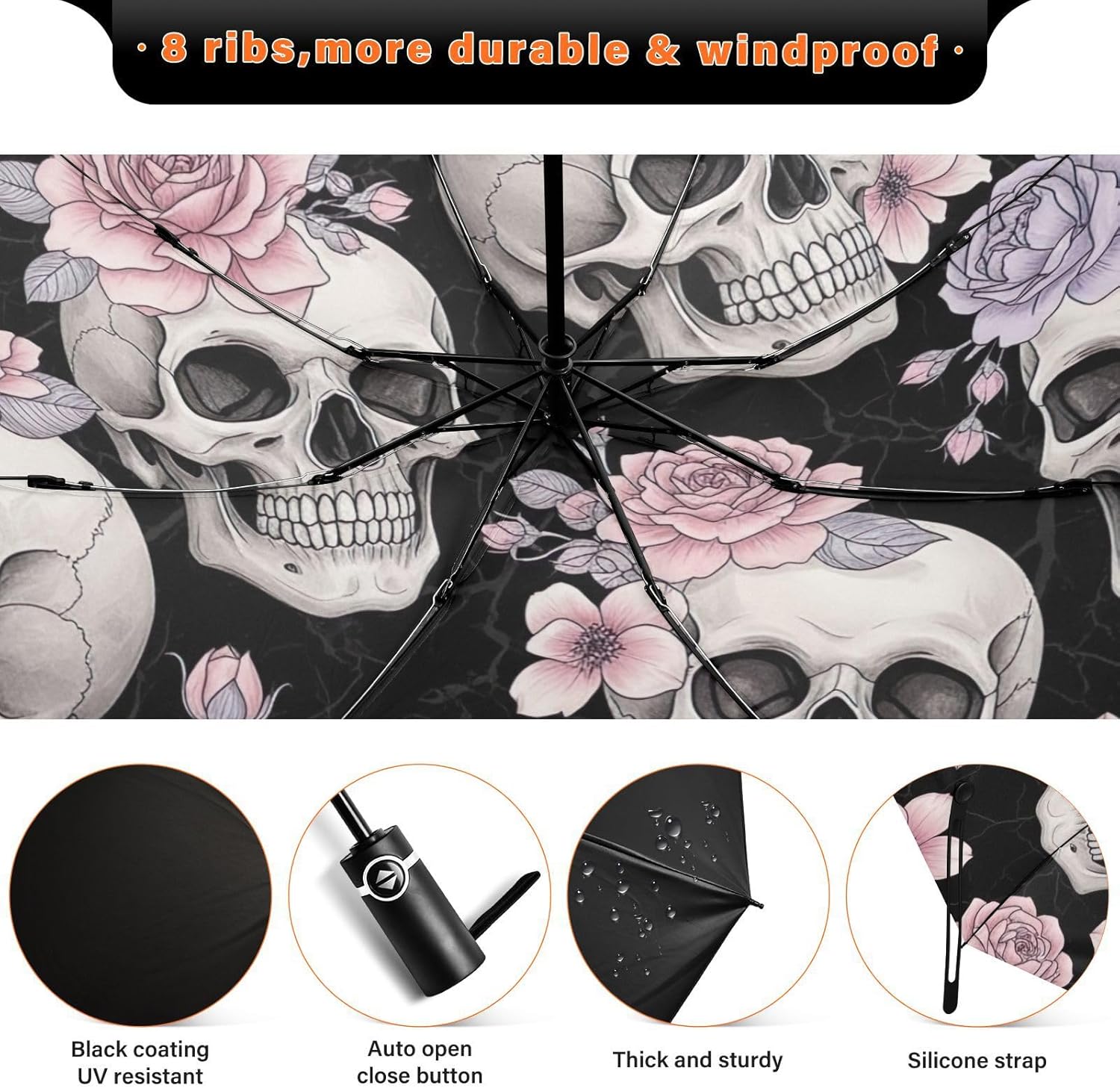 Travel Umbrella, Lightweight Portable Automatic Open/close Umbrella for Women, Travel Umbrellas for Rain, Wind and Sun, Skulls Pink Purple Flowers