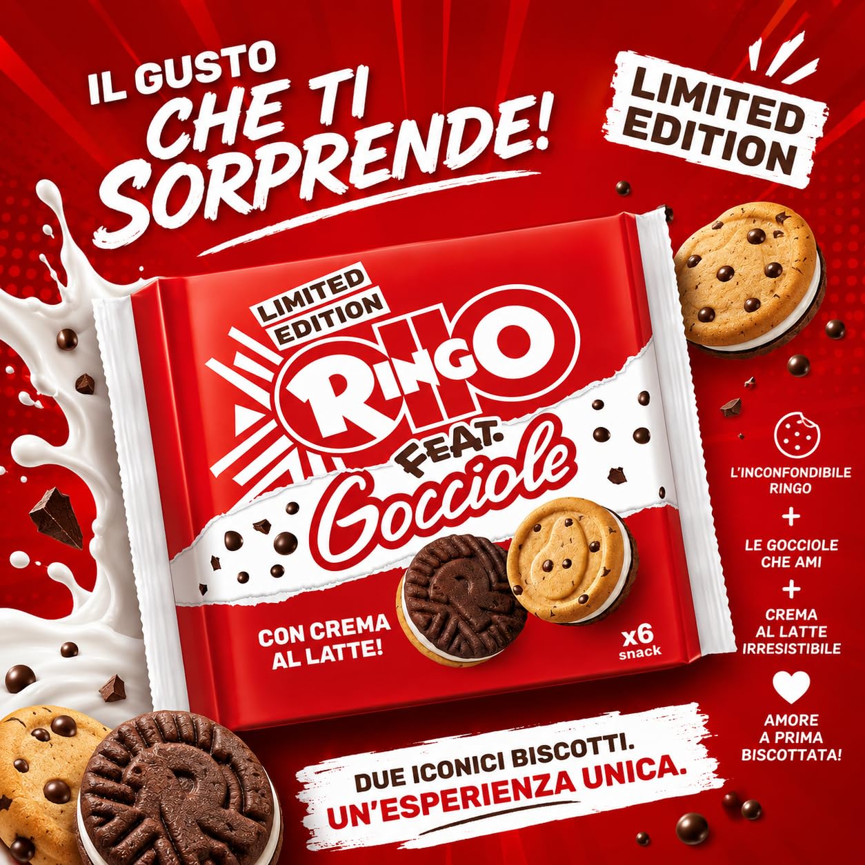 4X Ringo feat. Gocciole Biscotti con Gocce di Cioccolato e Crema al Latte, Limited Edition, 165g