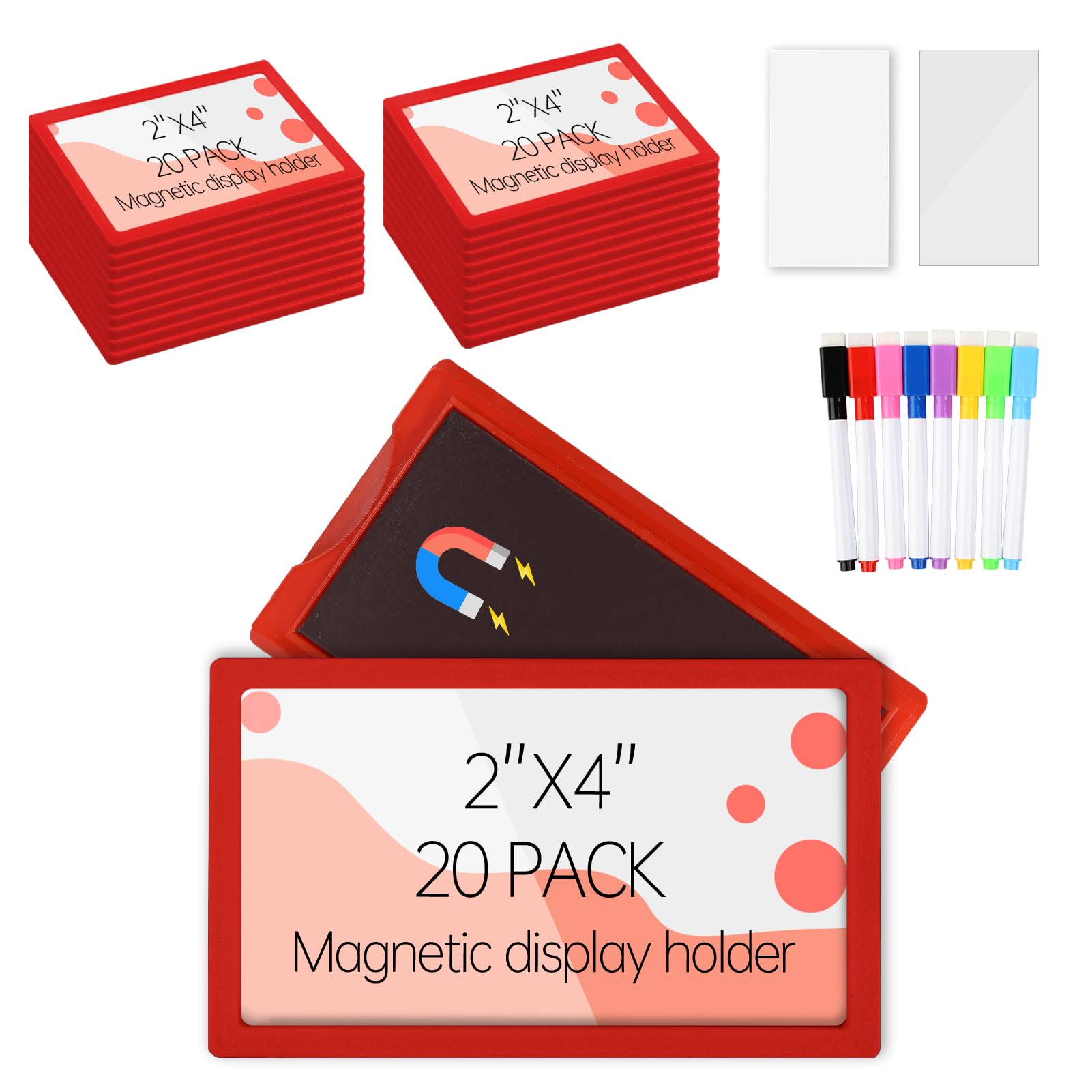 20 porta etichette magnetiche in plastica, 5,1 x 10,2 cm, per cartellini dei prezzi di supermercati, mensole, armadietti, cassetti, etichette, riutilizzabili, con gessetti a 8 colori, 20 fogli bianchi