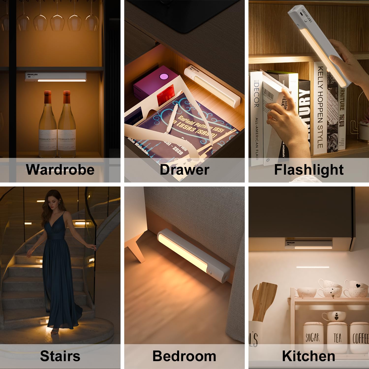 Iluminación LED para gabinete, luz cálida de 8.66 pulgadas, sensor inteligente sin perforaciones, luces recargables para armario, cocina, escalera (6 piezas)