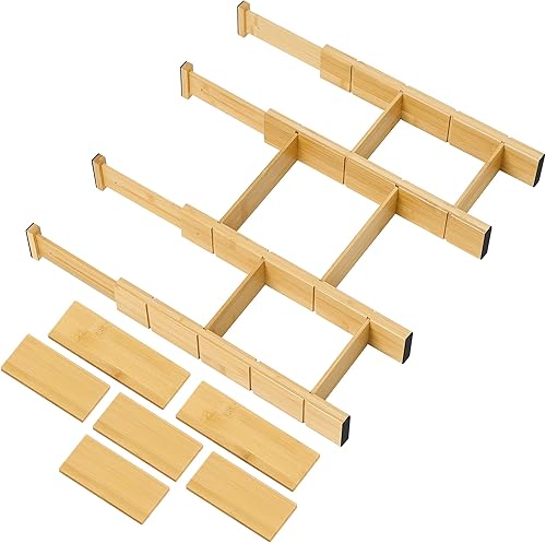 Utoplike Separadores de cajones de bambú con insertos, 4 organizadores de cajones de cocina ajustables, organización de cajones de madera expandible