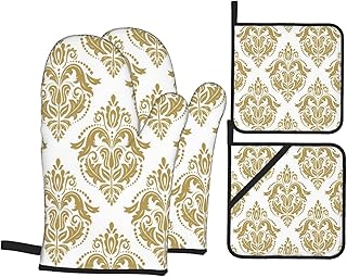 Set 4 guanti da forno e presina,Oro e bianco,punti di turbinii floreali antichi vittoriani barocchi per gli amanti del classico,utilizzato per cucinare,cuocere al forno e grigliare