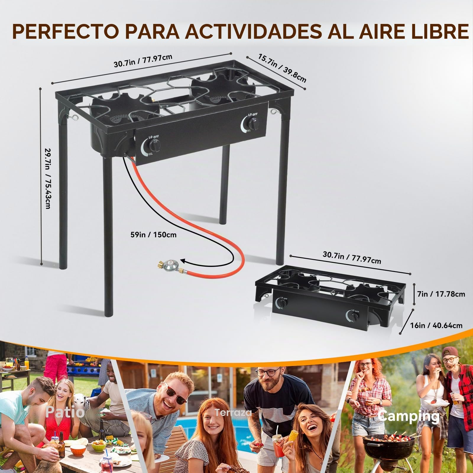 BACOENG Hornillo de Gas con 2 quemadores con patas desmontables, Hornillo Camping Gas Portatil con 1.5M Manguera y Regulador Presión 50 mbar