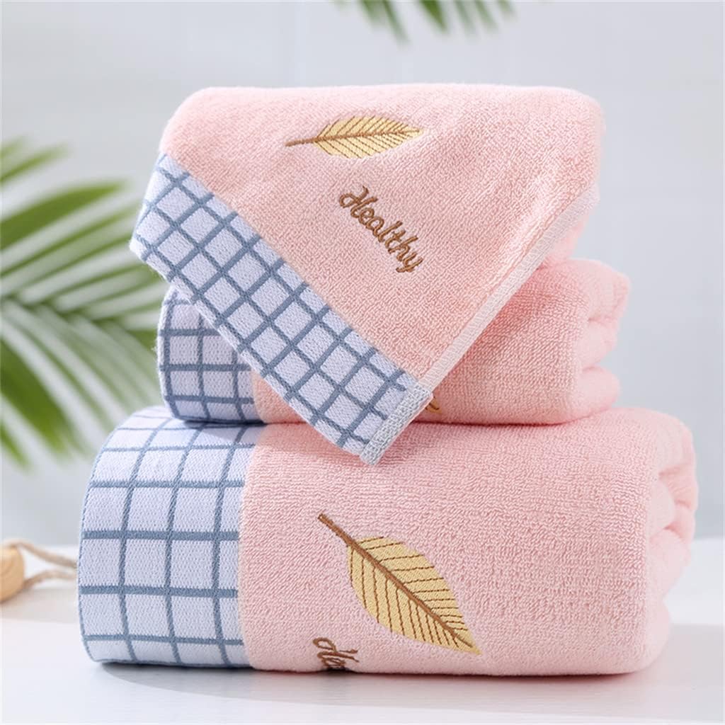 Leaf Towel Embroidered Letter Absorbent Home Household Couple Face Bath Towel Set Plaid Hand Towel for(Blue)