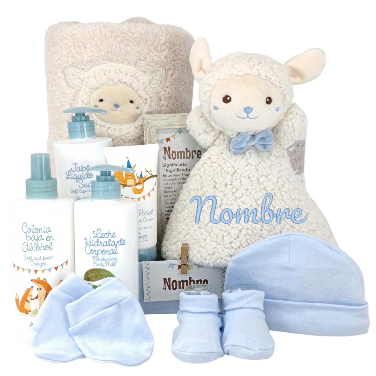 Bubbles Canastilla Bebé Personalizada con Manta, Dou Dou Ovejita Bordado, Set de Primera Puesta y Set de Higiene, Regalo Recién Nacido (Azul)