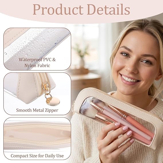 2Pcs Small Clear Makeup Brush Bag, Portable Travel Makeup Brush Holder with Zipper, PU Leather Mini Makeup Bag, Waterproof Cosmetics Purse Organizer for Women (Black, Apricot)