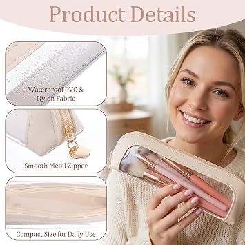 2Pcs Small Clear Makeup Brush Bag, Portable Travel Makeup Brush Holder with Zipper, PU Leather Mini Makeup Bag, Waterproof Cosmetics Purse Organizer for Women (Black, Apricot)