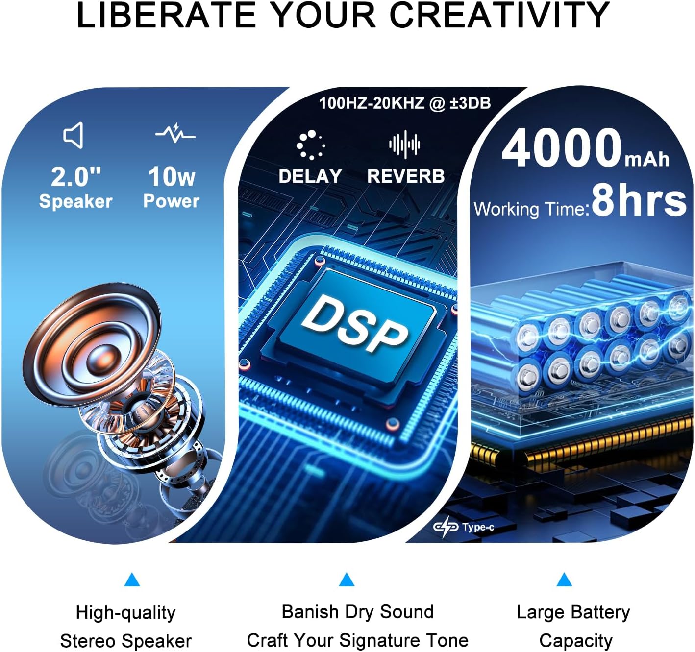 Yuer BA-10Pro Acoustic Guitar Amplifier 10W Vocal & Guitar Amp with Digital Delay/Reverb Effect Portable Guitar Amp Bluetooth Speaker Headphone Jack/OTG for Recording, Practice, Travel with Carry Bag - Image 5