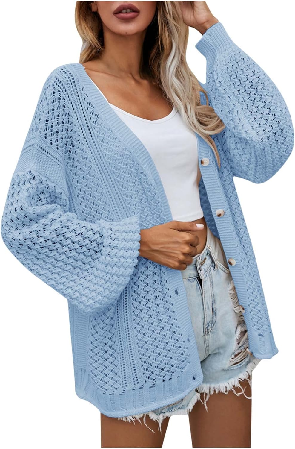 Women's Fashion Long Sleeve Open Front Crochet Hollow Out Lightweight Loose Button Down Knit Cardigan Sweater Outwear