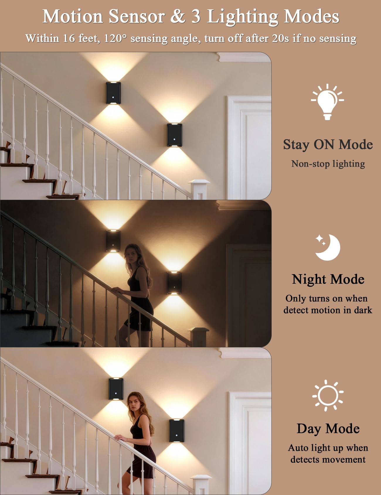 Magnetic Motion Sensor Wall Sconces - Set of 2, Rechargeable Wall Light with Remote Control, 3 Colors Dimmable LED Wall Lamp, Battery Operated Night Light for Indoor Bedroom,Hallway,Stairs,Closet - 5