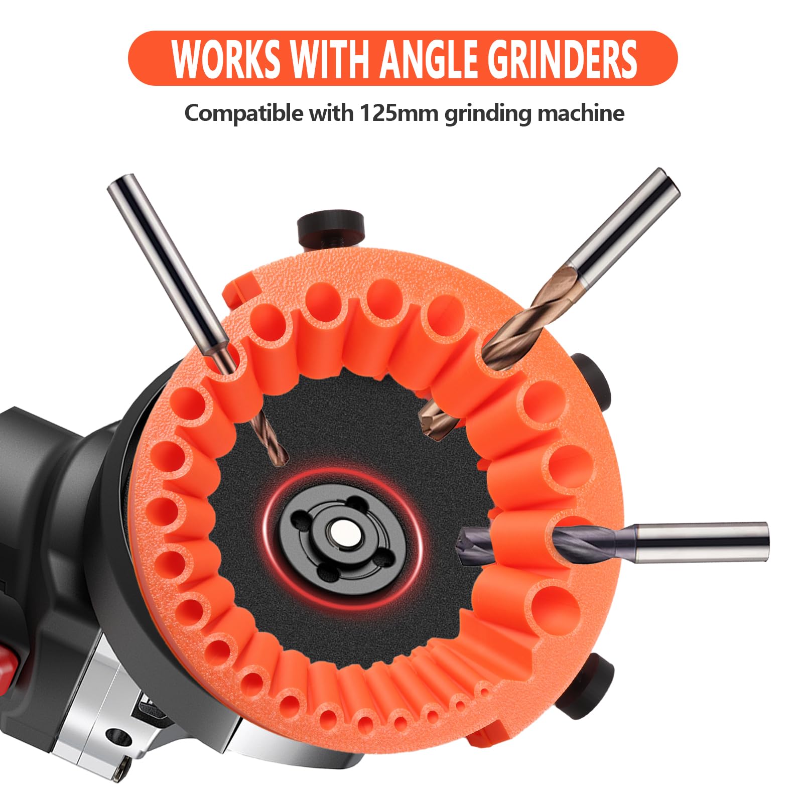 Herramienta afiladora de brocas para amoladoras angulares, compatible con 125 mm, afilador de brocas de mano para todas las brocas, brocas de 2 a 13 mm, color naranja