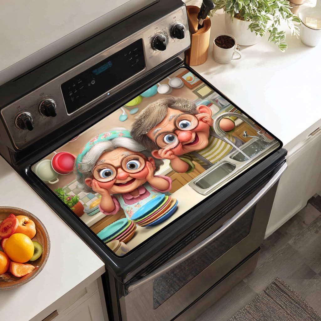 Cute Grandpa and Grandma Stove Top Cover for Electric Stove,Funny Old Couple Glass Top Stove Cover Protector,Old Lady Glass Cooktop Covers Kitchen Flat Electric Stove Top Covers
