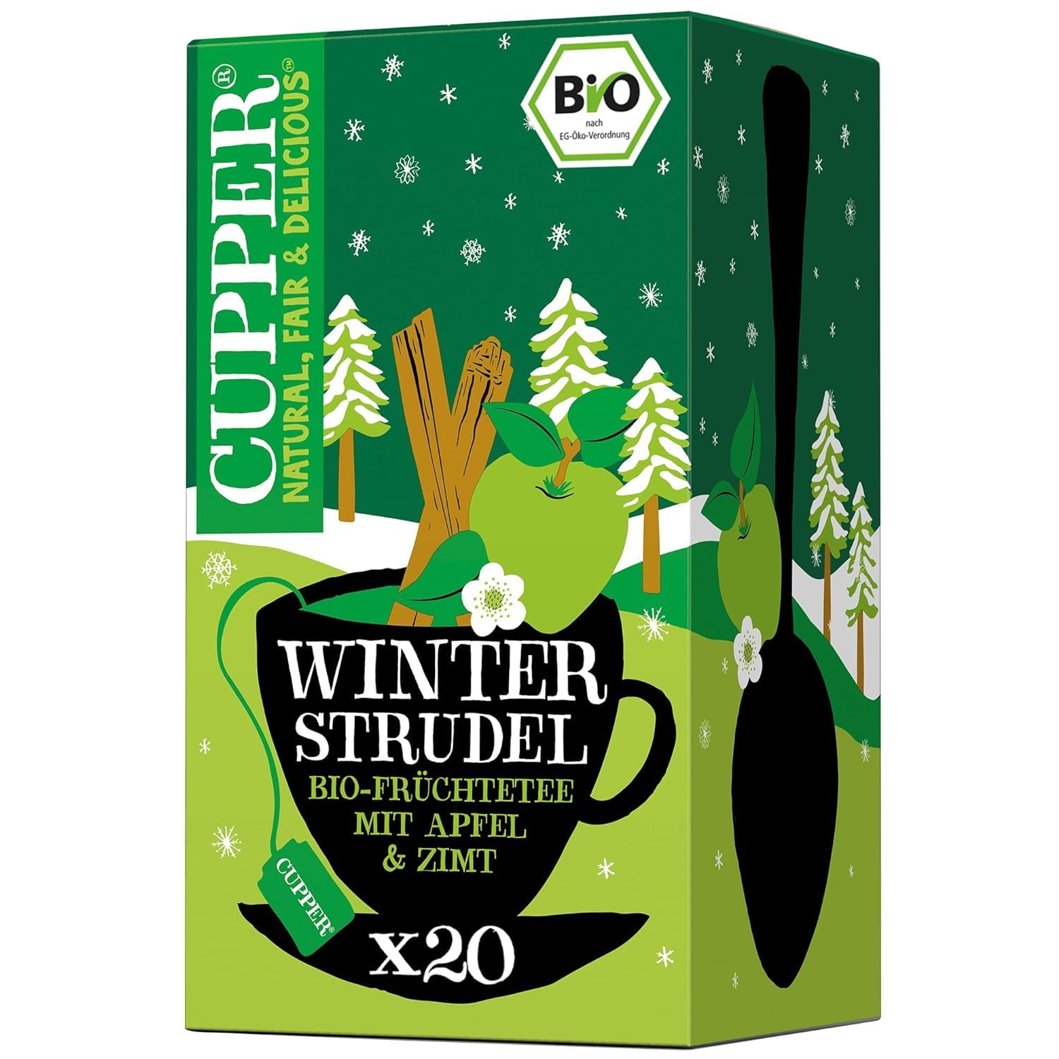 Cupper Bio-Früchtetee "Winter Strudel", Apfel & Zimt, 20 ungebleichte plastikfreie Teebeutel, fair gehandelt